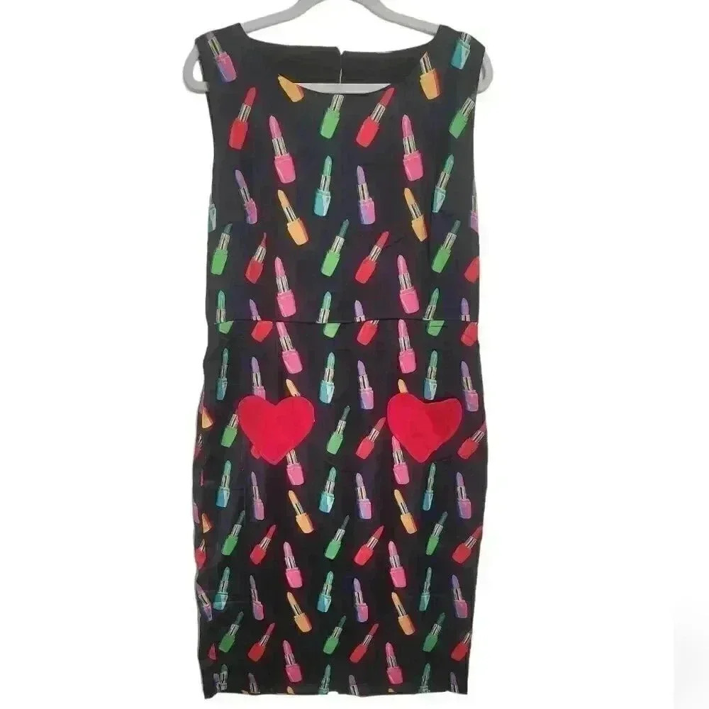 Lindy Pop Colorful Lipstick Print Dress Red Heart Details Fun Pop Art Style NWT